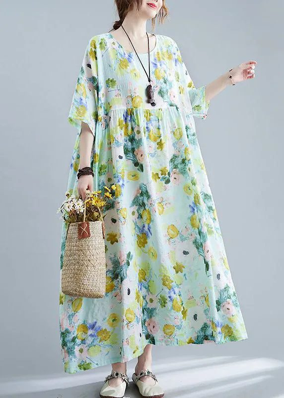 Elegant Green Oversized Print Cotton Maxi Dresses Summer LY0533