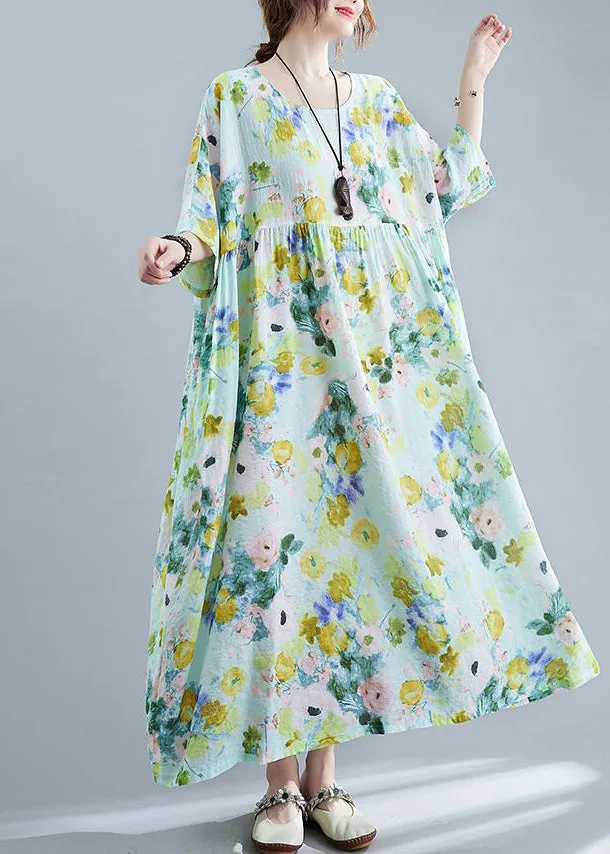 Elegant Green Oversized Print Cotton Maxi Dresses Summer LY0533