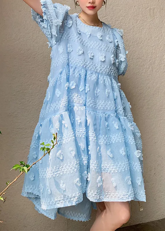 Elegant Light Blue O-Neck Floral Zippered Long Dresses Puff Sleeve LY0751