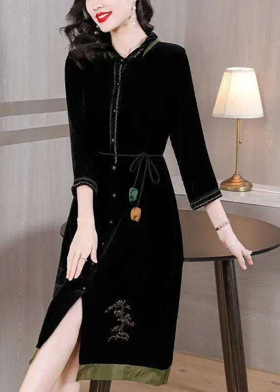 Embroidered Tie Waist Silk Velour Vacation Dresses