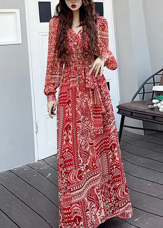 Fashion Wine Red V Neck Print Side Open Patchwork Long Dresses Fall LY9101