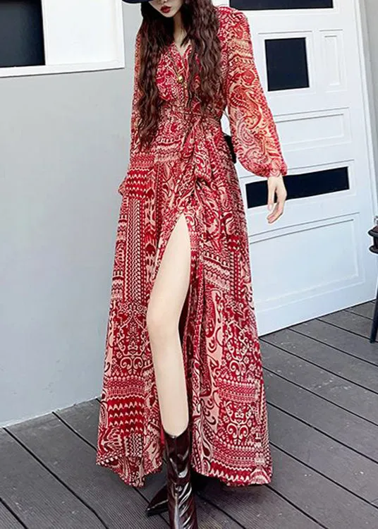 Fashion Wine Red V Neck Print Side Open Patchwork Long Dresses Fall LY9101