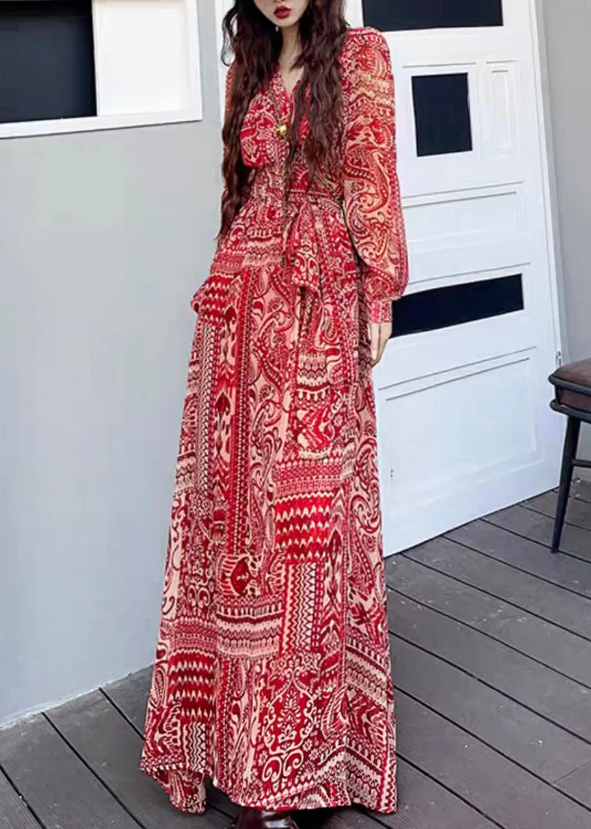 Fashion Wine Red V Neck Print Side Open Patchwork Long Dresses Fall LY9101