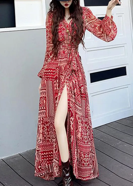 Fashion Wine Red V Neck Print Side Open Patchwork Long Dresses Fall LY9101