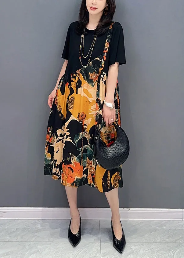 Fine Colorblock O Neck Wrinkled Print Patchwork Cotton Dresses Summer LY5732