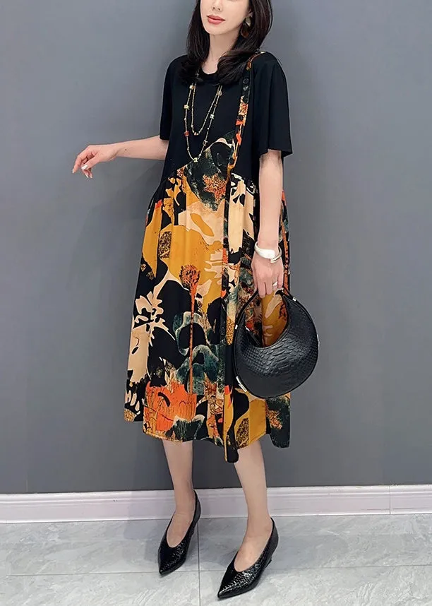 Fine Colorblock O Neck Wrinkled Print Patchwork Cotton Dresses Summer LY5732