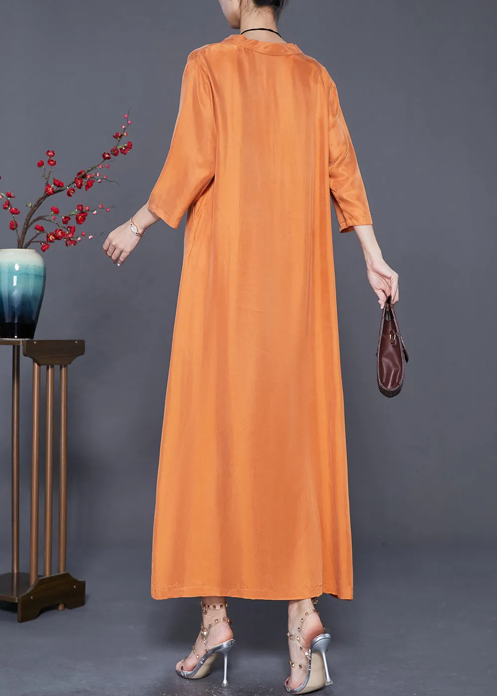 French Orange Oversized Draping Silk Vacation Dresses Bracelet Sleeve LY7593