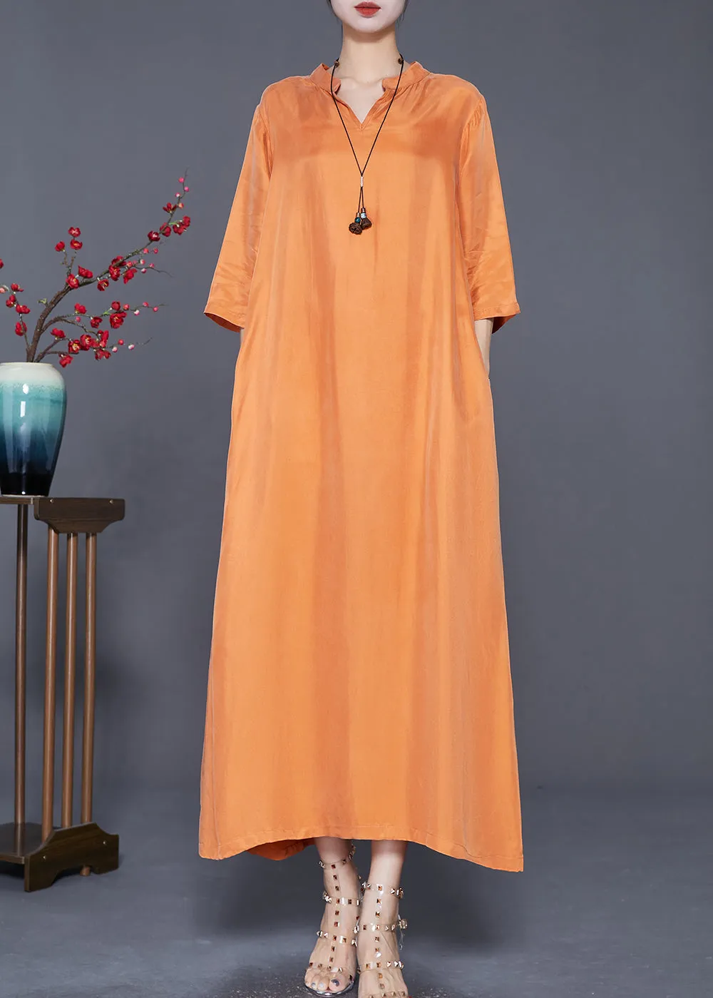 French Orange Oversized Draping Silk Vacation Dresses Bracelet Sleeve LY7593