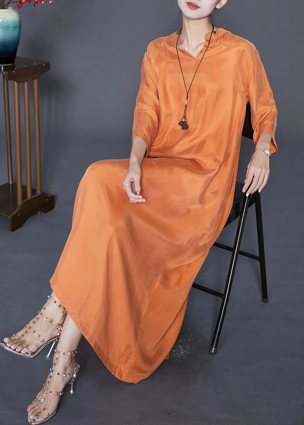 French Orange Oversized Draping Silk Vacation Dresses Bracelet Sleeve LY7593