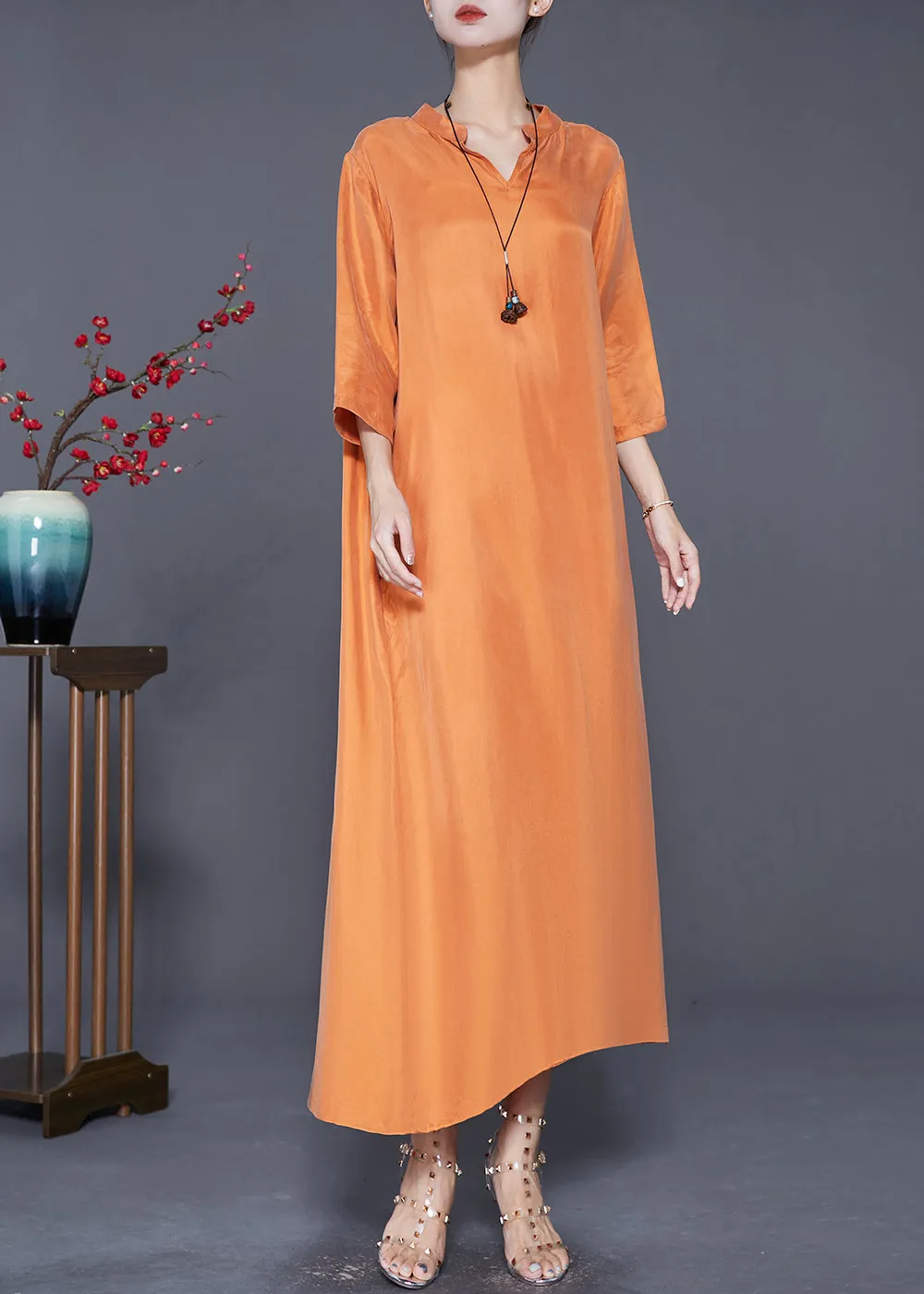 French Orange Oversized Draping Silk Vacation Dresses Bracelet Sleeve LY7593