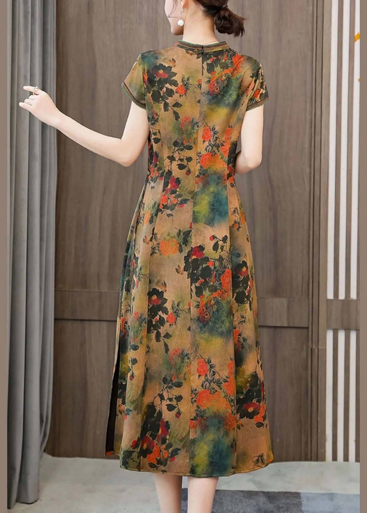 Green Print Silk Cheongsam Dresses Embroideried Slim Fit Summer