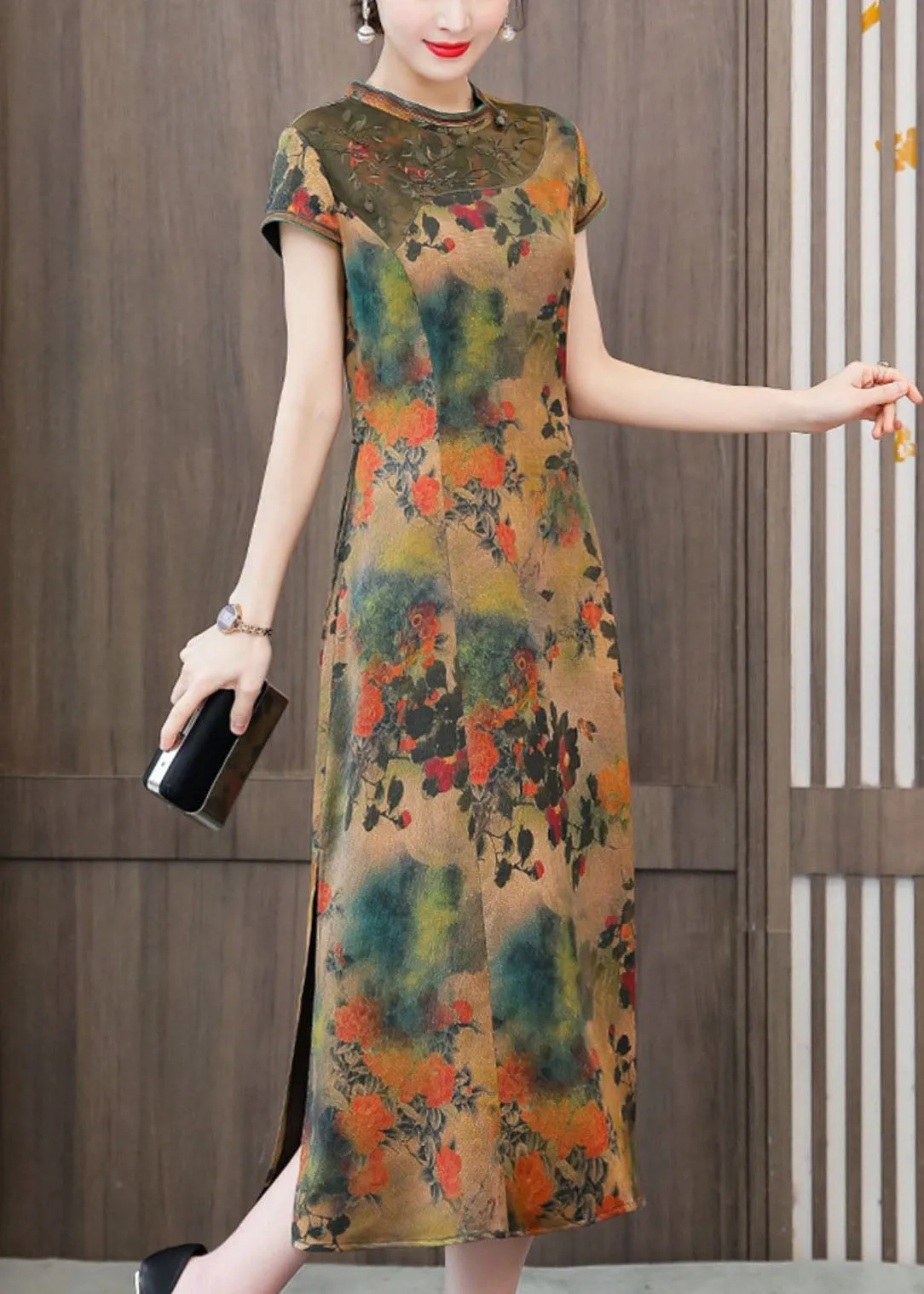 Green Print Silk Cheongsam Dresses Embroideried Slim Fit Summer