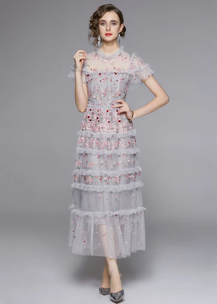 Italian Grey Embroideried Ruffled Patchwork Tulle Long Dresses Summer LY7359