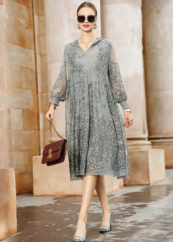 Italian Grey Hooded Embroideried Patchwork Tulle Dresses Spring LC0219