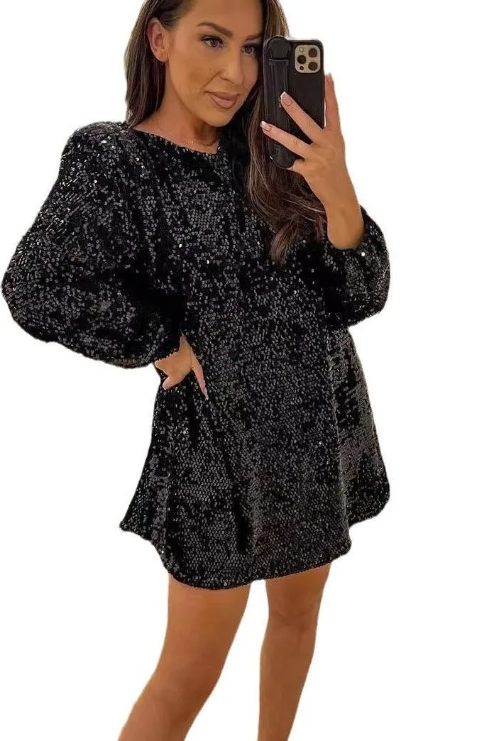 Long-sleeved loose sequined dress