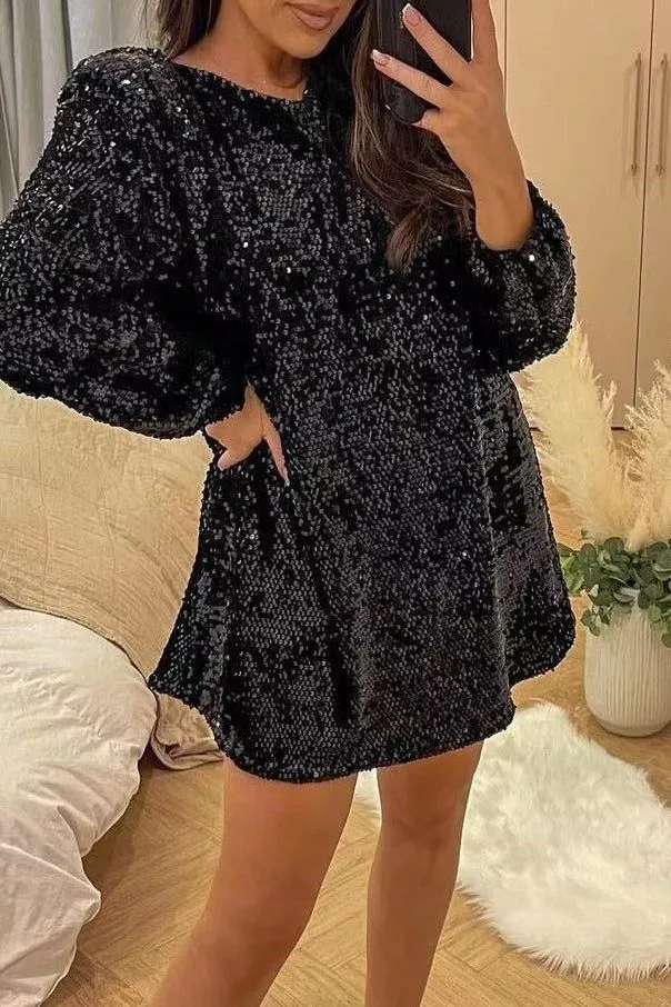 Long-sleeved loose sequined dress