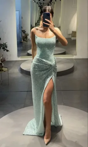 Long Strapless Sequins Prom Dresses Formal Evening Dresses with Slit V901829