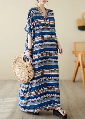 Loose Blue V Neck Animal Print Long Beach Dresses Summer LY3935