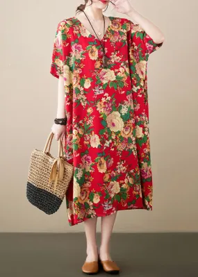 Loose Red Oversized Print Cotton Maxi Dresses Summer LY7329