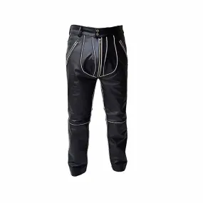 Men Black Leather Biker Style Jeans Pants Trousers with White Piping -J10