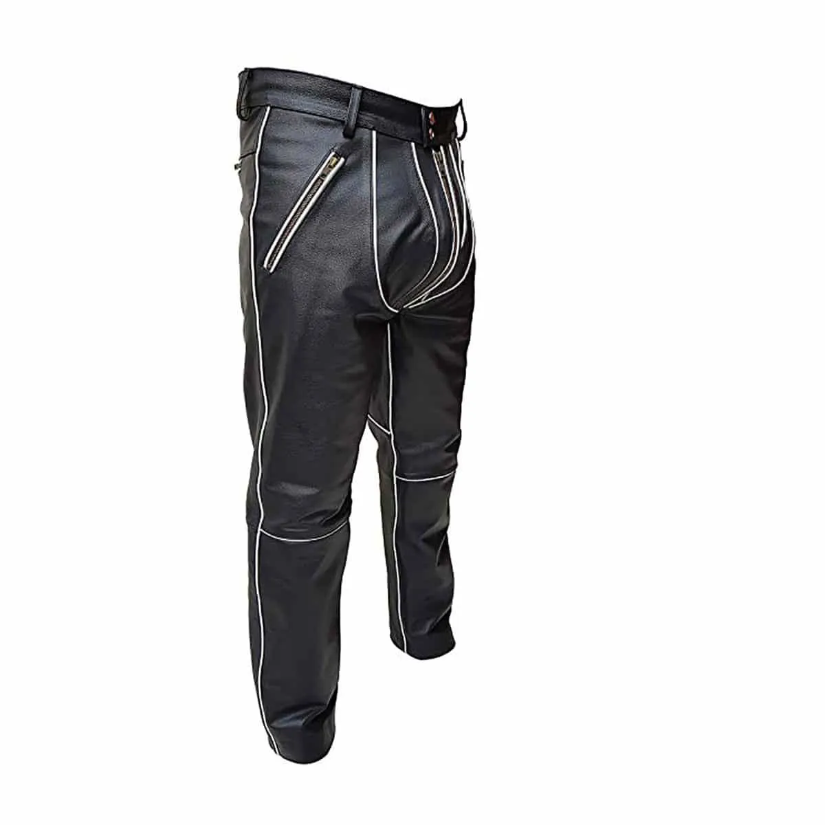 Men Black Leather Biker Style Jeans Pants Trousers with White Piping -J10