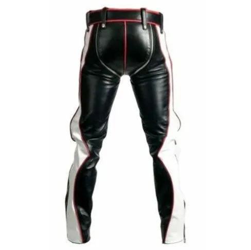 Mens Bondage Trousers Black Red White Leather Heavy Duty