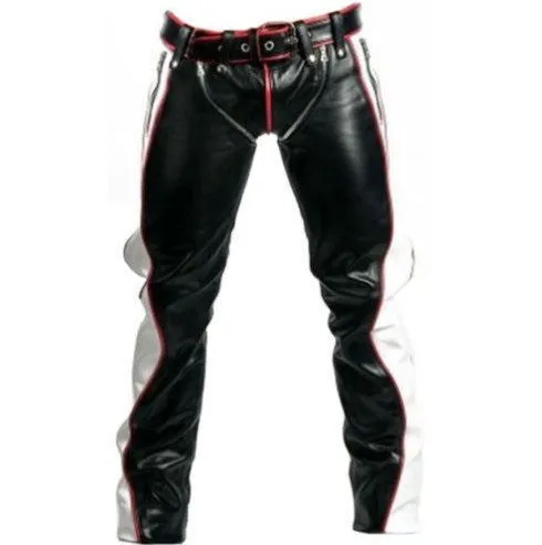 Mens Bondage Trousers Black Red White Leather Heavy Duty