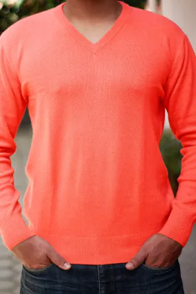 Men's Bright Peach Cashmere Sweater V-Neck Pullover