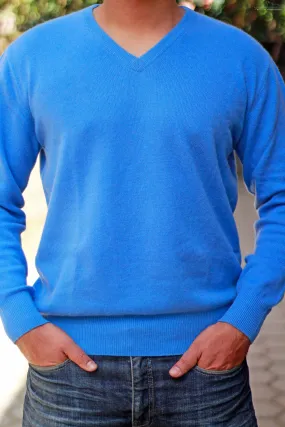 Men's Cornflower-Blue Cashmere Sweater V-Neck Pullover