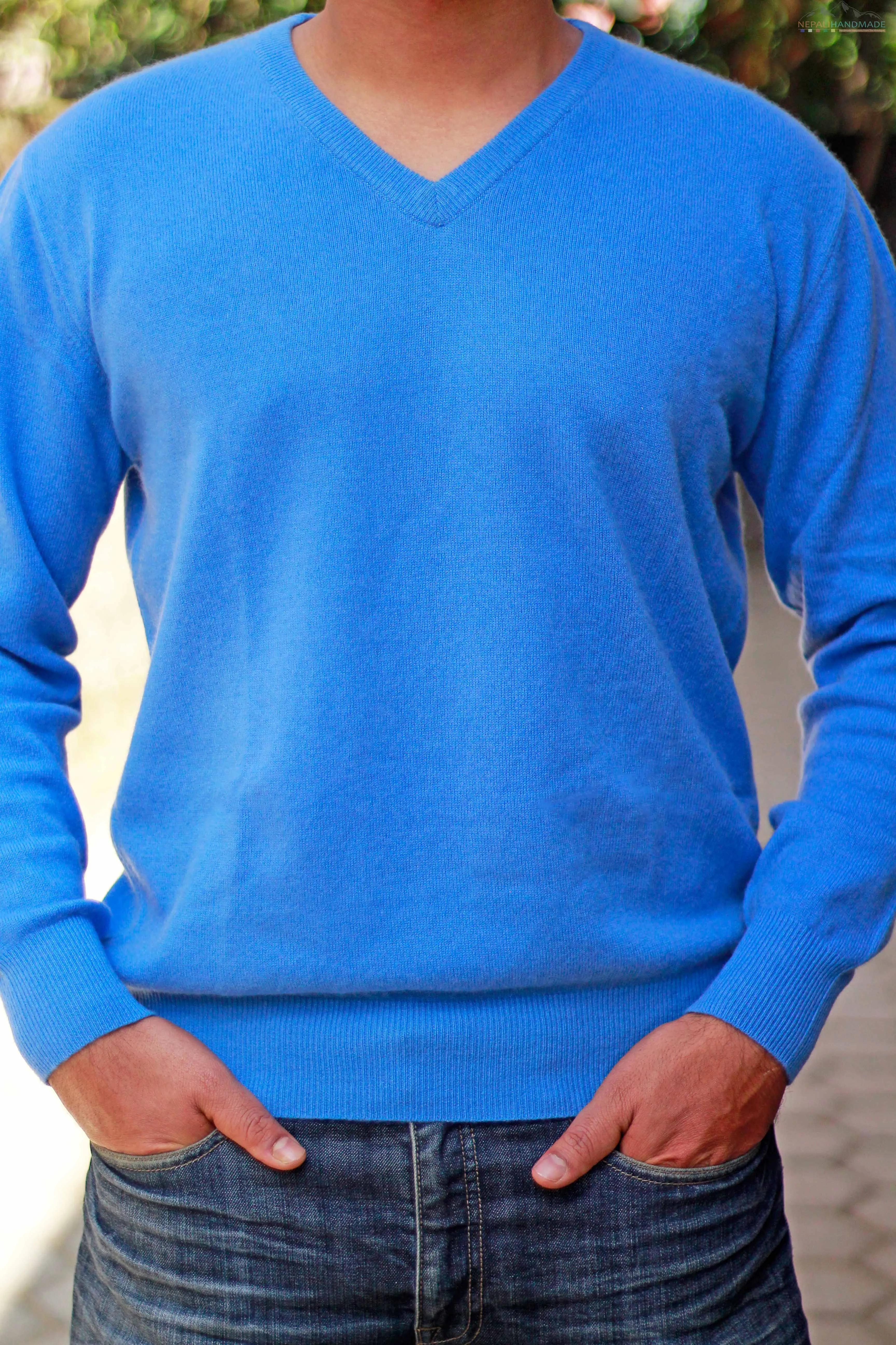 Men's Cornflower-Blue Cashmere Sweater V-Neck Pullover