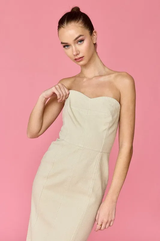 Mia Strapless Denim Midi Dress Taupe