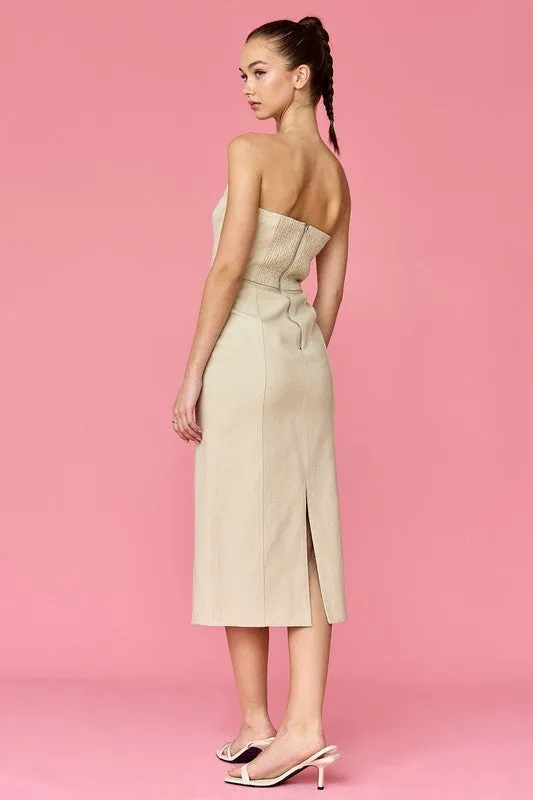 Mia Strapless Denim Midi Dress Taupe