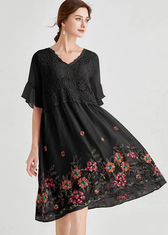 Modern Black V Neck Hollow Out Lace Dresses Spring