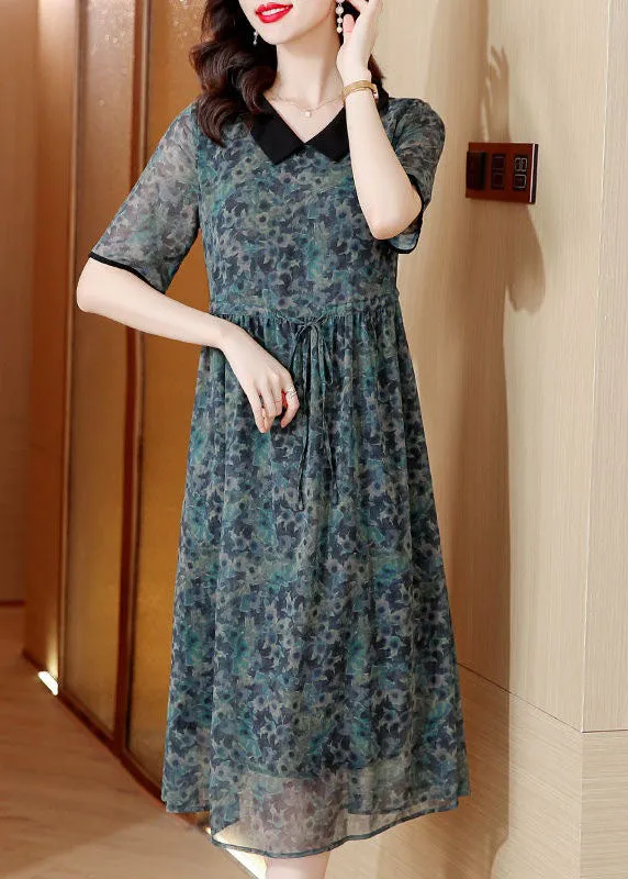 Modern Green Peter Pan Collar Print Drawstring Patchwork Silk Dresses Summer TI1002