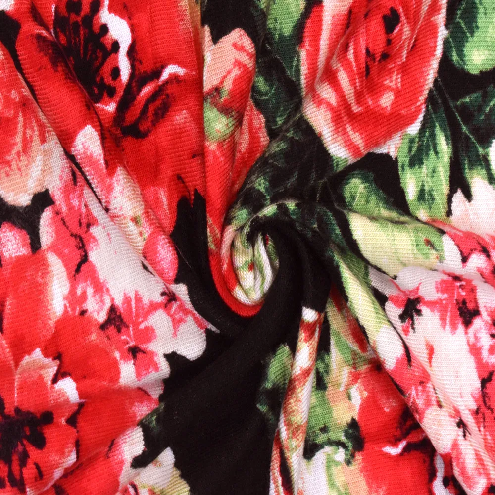 Red-Green-Multi Floral Printed Rayon Stretch Jersey Knit Fabric