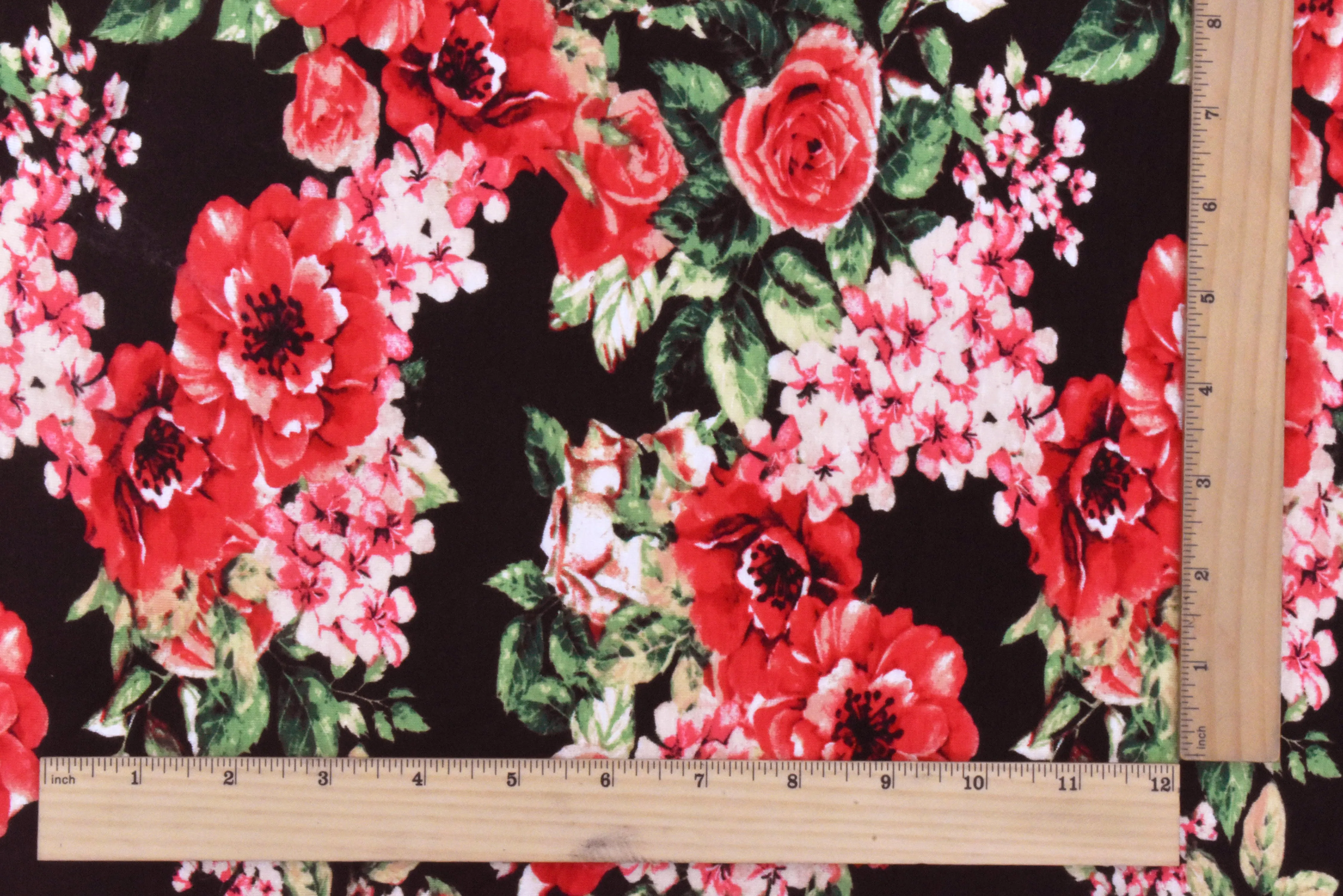 Red-Green-Multi Floral Printed Rayon Stretch Jersey Knit Fabric