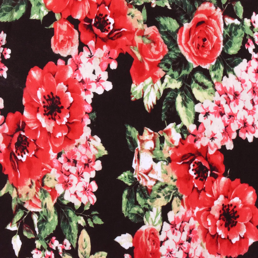 Red-Green-Multi Floral Printed Rayon Stretch Jersey Knit Fabric