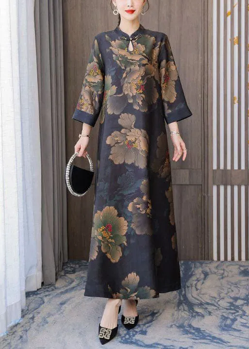 Retro Mandarin Collar Print Silk Long Dresses Caftan Spring LY1707