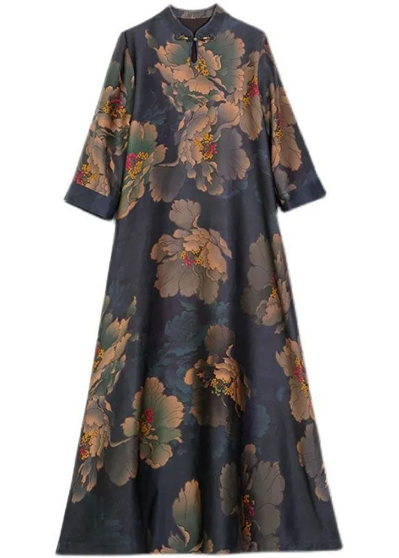 Retro Mandarin Collar Print Silk Long Dresses Caftan Spring LY1707