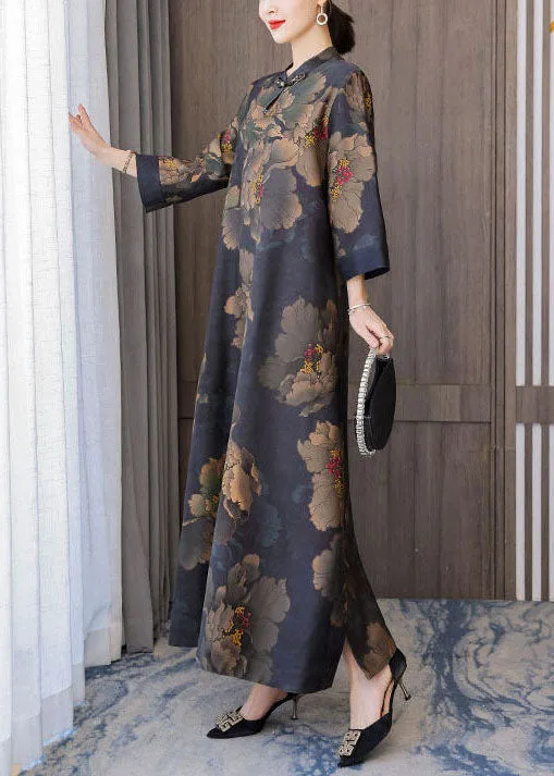 Retro Mandarin Collar Print Silk Long Dresses Caftan Spring LY1707