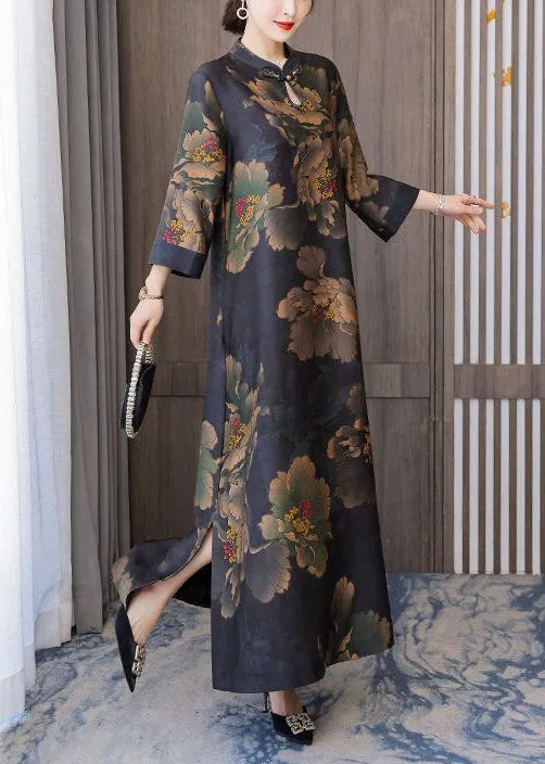 Retro Mandarin Collar Print Silk Long Dresses Caftan Spring LY1707