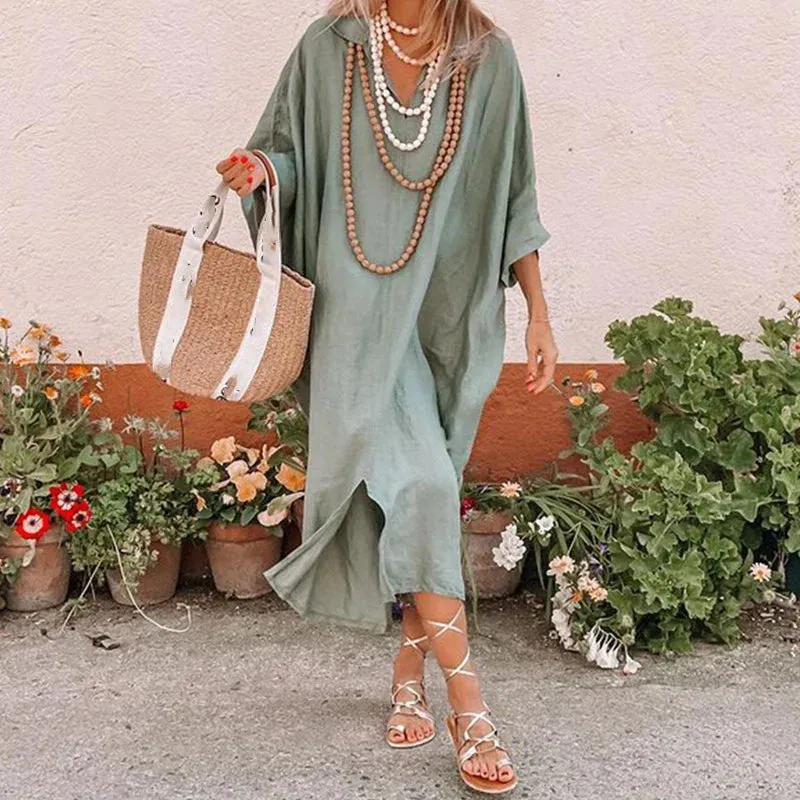 Sleeve Summer Dress Elegant Irregular New Loose Solid Split Long V-neck Batwing