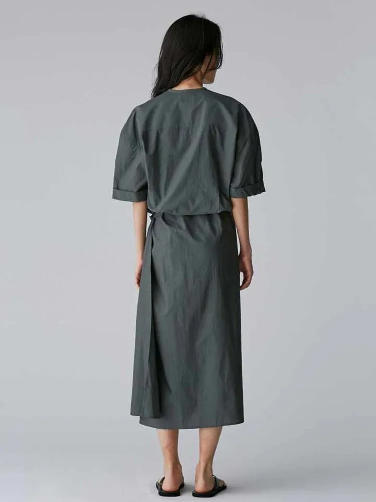 Spliced Button Swinging Collar Half Sleeve High Waist Loose Dress