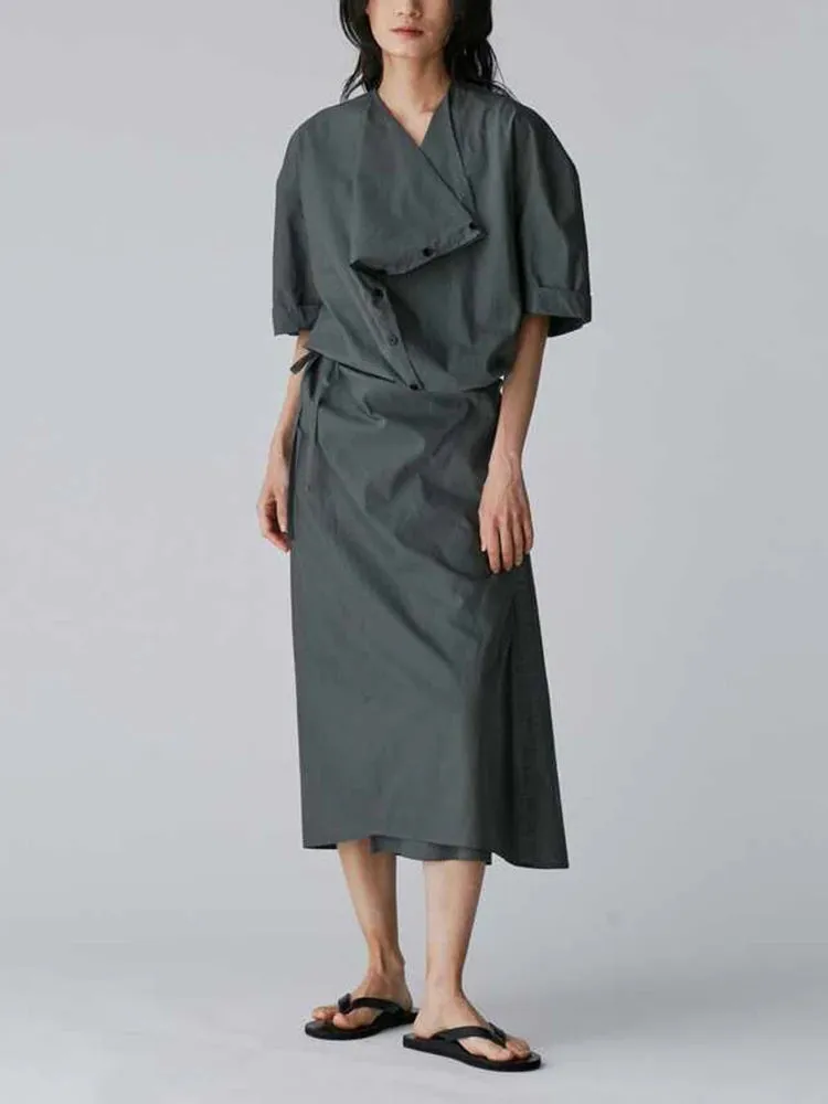 Spliced Button Swinging Collar Half Sleeve High Waist Loose Dress