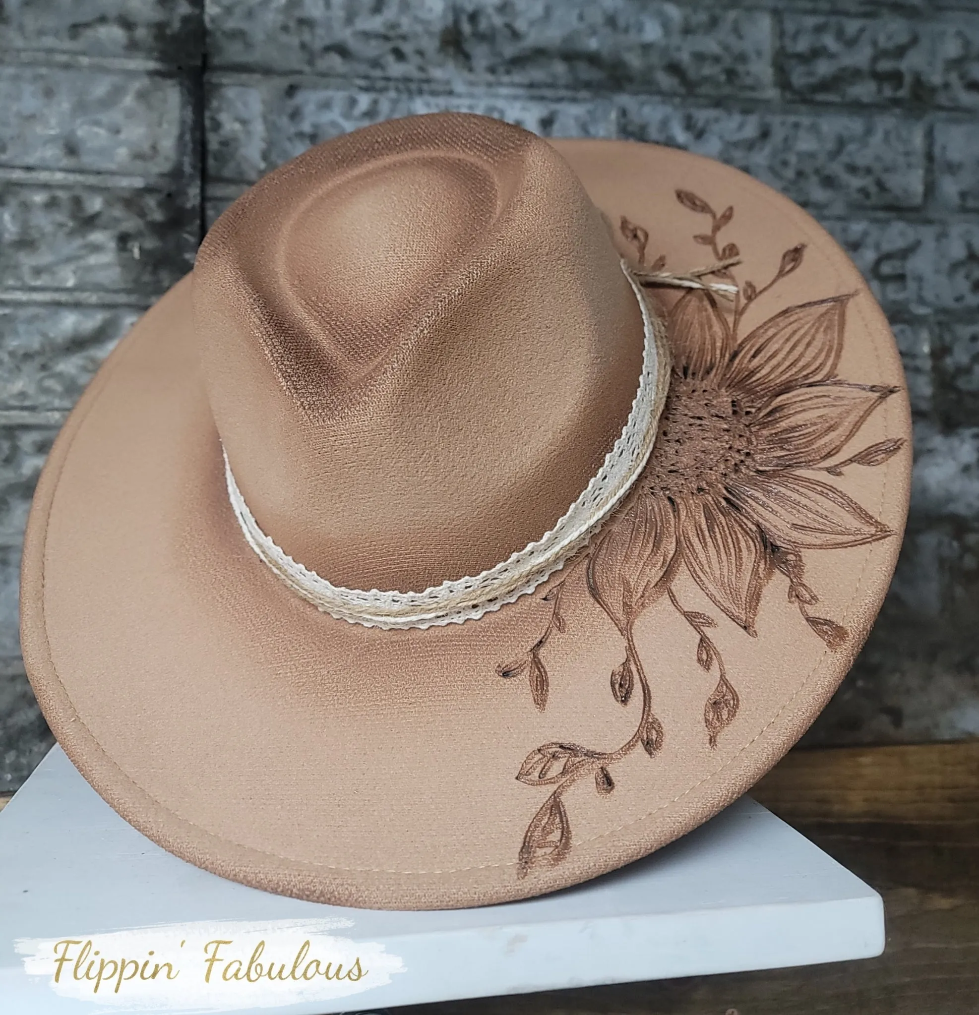 Sunflower Hand Burned Wide Brim Hat