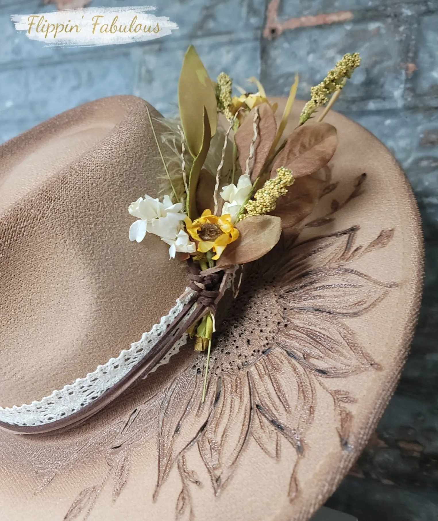 Sunflower Hand Burned Wide Brim Hat