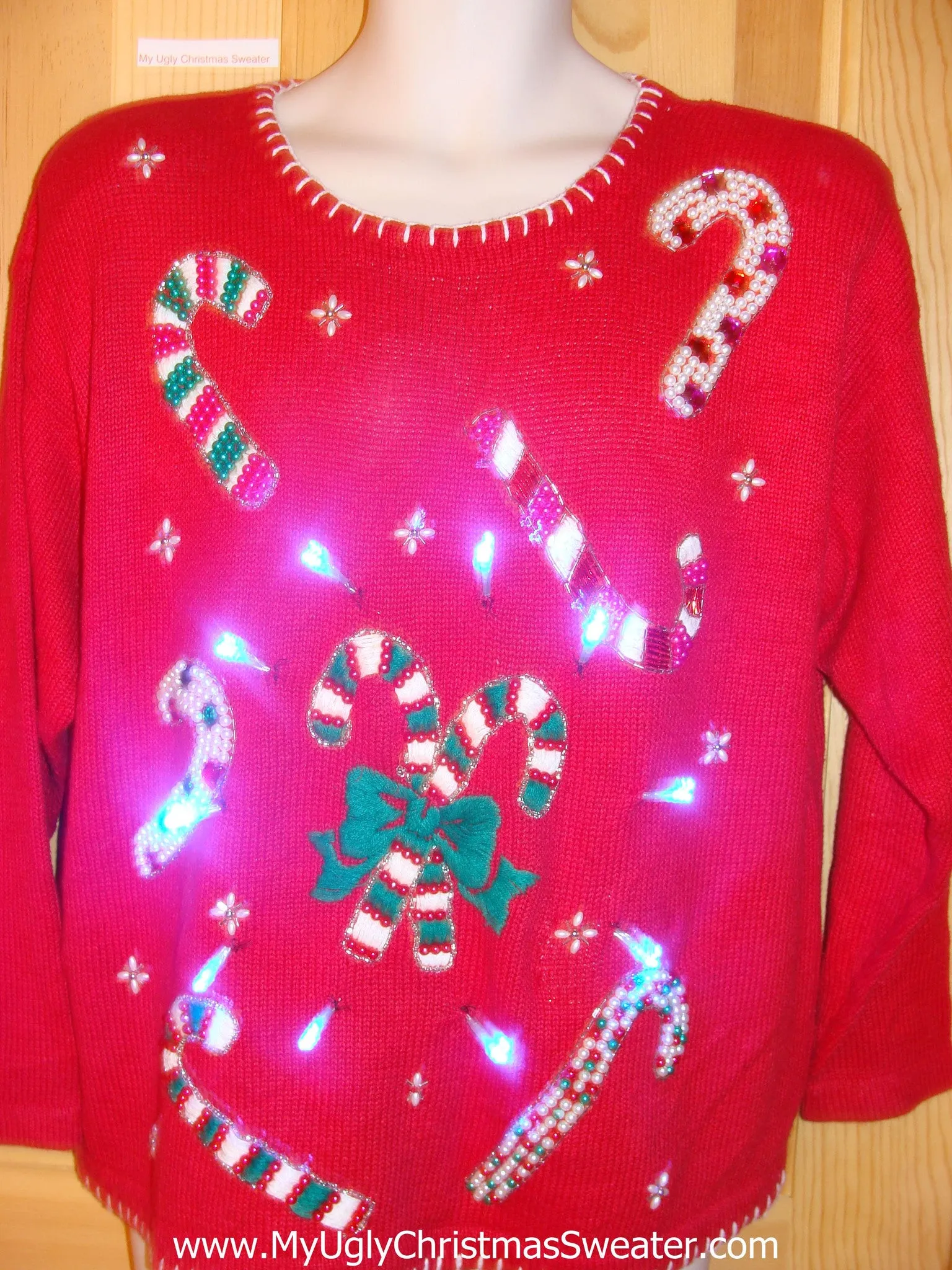 Tacky Light Up Christmas Sweater and Bling Candycanes 80s Padded Shoulders