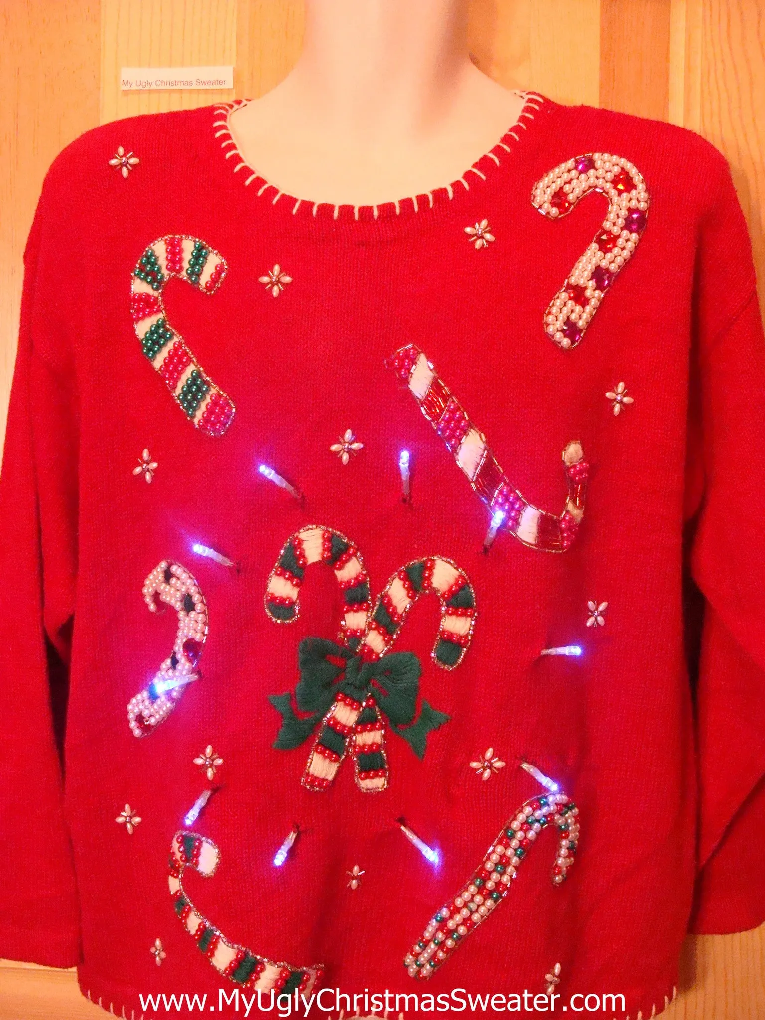 Tacky Light Up Christmas Sweater and Bling Candycanes 80s Padded Shoulders