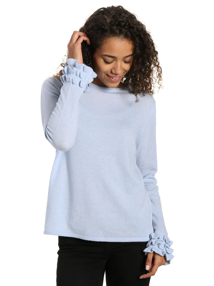 Women's 100% Cashmere Crew Neck Sweater with Ruffle Sleeve